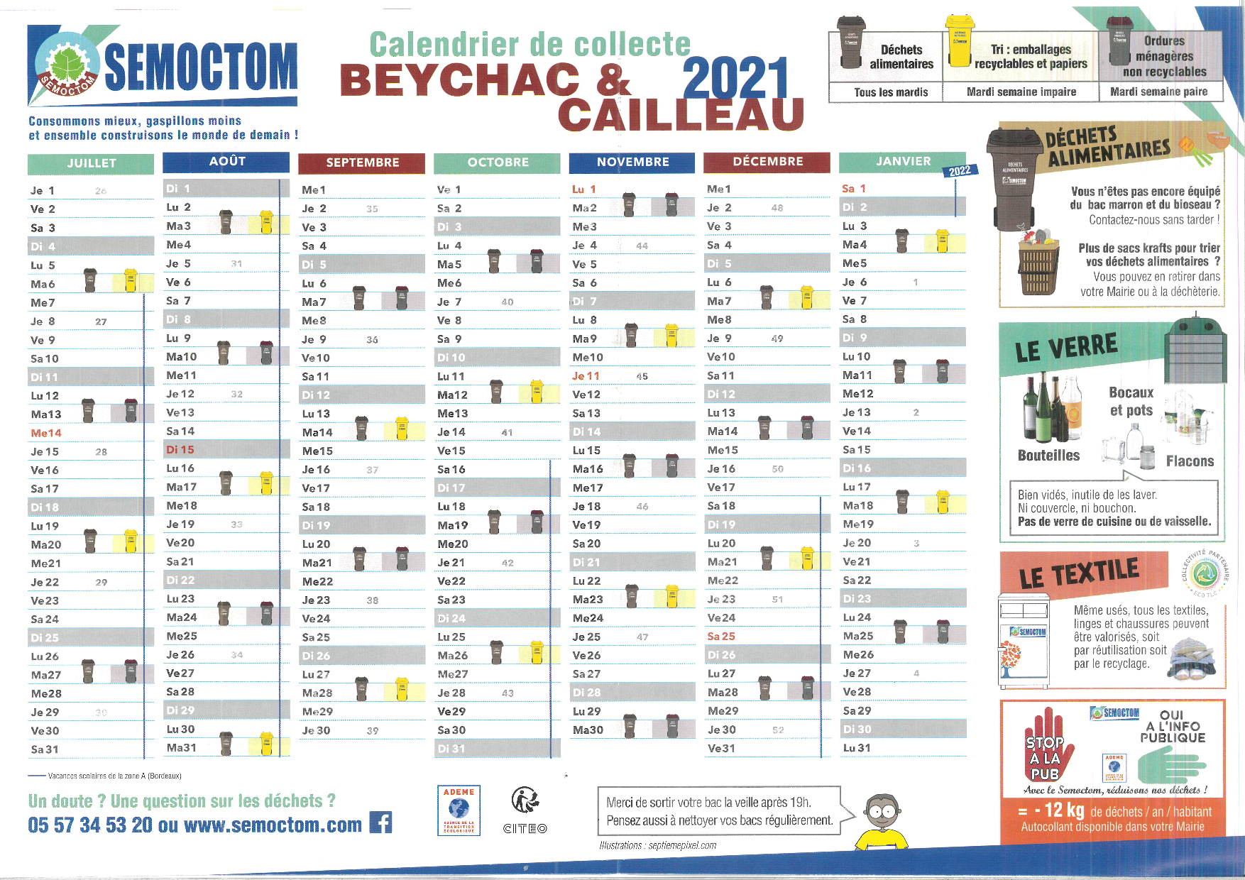 Calendrier Smicval 2022 Collecte des ordures ménagères et tri sélectif – Beychac & Cailleau