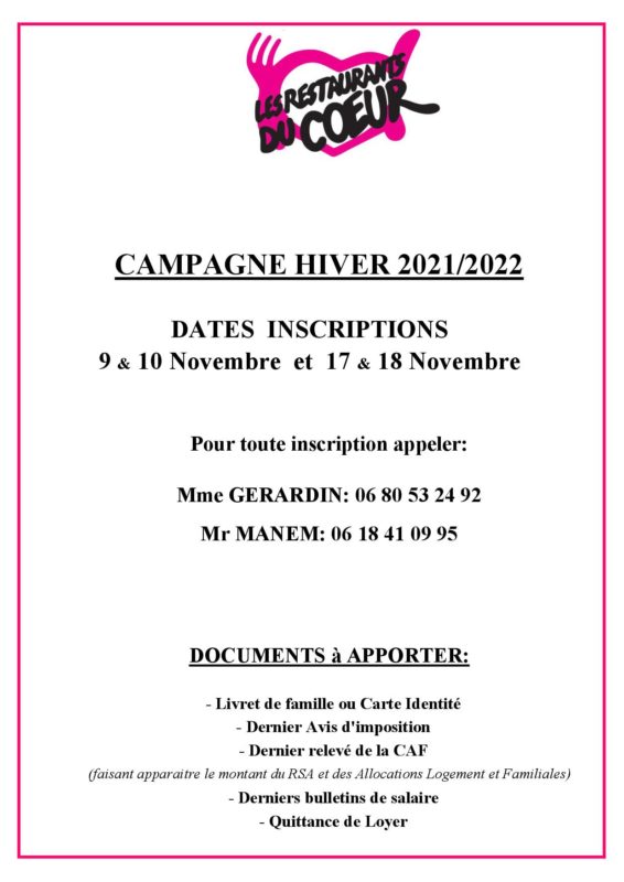 2021.11.02 2021-2022 RESTO DU COEUR Affiche Campagne Hiver 2021 2022